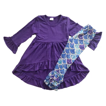 Sirēna bērniem meitene ziemas apģērbs purpura augsts-zems tunika zivju apjoma drukas legging zīdaiņu apģērbu