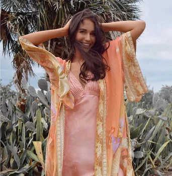 Sirēna Drukāt Beach Kimono Brīvdienu Bohēmijas Slim Kabatas Cover-Up Peldkostīmi, Lielgabarīta Sadalīt Sexy Garām Piedurknēm Jaka