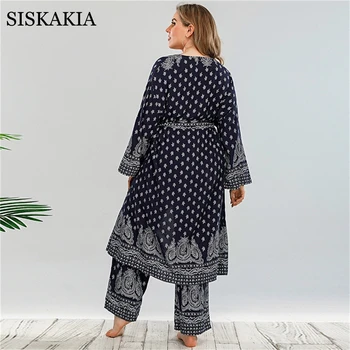 Siskakia Plus Lieluma Ētika Drukāt, 2 gab. Komplekts Sievietēm ar garām Piedurknēm kura ietērpusies kimano Tops ar garām Biksēm arābu Turcija Ikdienas Komplekts Homewear