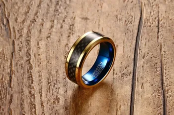 SIZZZ Vīriešu 8 mm volframa tērauda gredzeni oglekļa šķiedras zelta gredzens zila krāsa Eiropas stila rotaslietas vīriešu vairumtirdzniecība