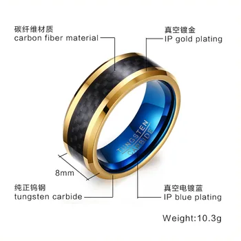 SIZZZ Vīriešu 8 mm volframa tērauda gredzeni oglekļa šķiedras zelta gredzens zila krāsa Eiropas stila rotaslietas vīriešu vairumtirdzniecība