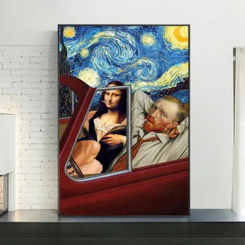 Smieklīgi Mākslas Van Gogs un Mona Lisa Plakāti un Izdrukas Anotācija Smēķēšanas Eļļa, Audekls Krāsošana Sienas Art Pictures Mājas Apdare