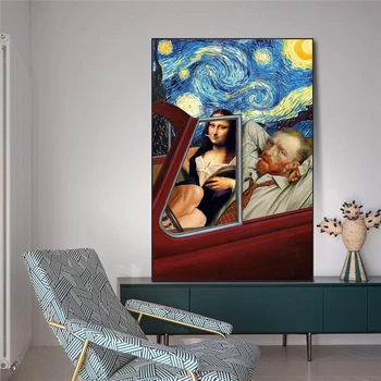 Smieklīgi Mākslas Van Gogs un Mona Lisa Plakāti un Izdrukas Anotācija Smēķēšanas Eļļa, Audekls Krāsošana Sienas Art Pictures Mājas Apdare