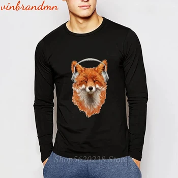 Smieklīgi Mūzikas Fox Hip Hop Drukas T Krekls ar garām Piedurknēm ar Apaļu Apkakli T-krekls Smaida Fox Dizains Vīriešu Apģērbu Dropshipping