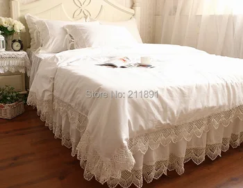 Sniega balta gultas komplekts Luksusa dobi no mežģīņu sega sedz, gultas svārki lapa spilvendrāna Cietā savirmot pārklājs parure de lit