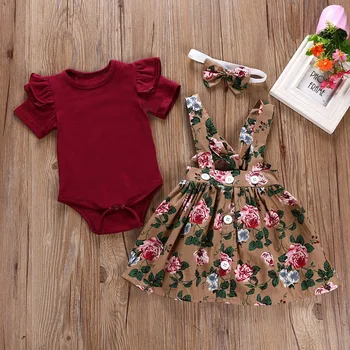 Sodawn Vasaras Bērnu Meiteņu Apģērbu Komplekti 2020. Gadam Kokvilnas ar Īsām Piedurknēm T-krekls+Ziedu Siksna Kleita +Galvas 3Pcs Toddler Apģērbi