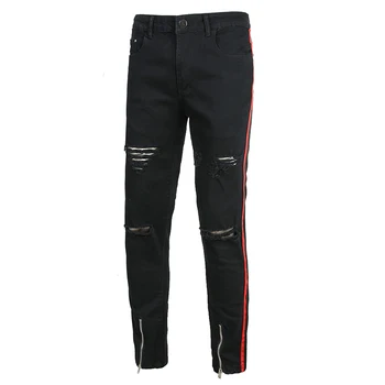 Sokotoo Vīriešu sarkanu melnu svītru līnijas raibs ripped džinsi Slim fit rāvējslēdzēji caurumi problemātisko stiept džinsa bikses