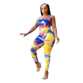 Spageti Siksnas Gadījuma Viens Gabals Kopumā Sievietēm Tie Krāsošana Drukāt Bez Piedurknēm Kluba Puses Bodysuit Gadījuma Augsta Vidukļa Slim Jumpsuits