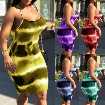 Spageti Siksnas Kaklasaišu krāsošanas Drukāt Sexy Bodycon Mini Kleita Sieviešu Klubs Valkāt 2019 Modes Varavīksnes Stiept Kleitas Pārsējs Streetwear
