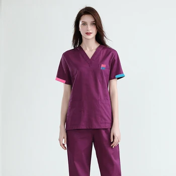 Spraudņa izmērs S-4XL Tīras Kokvilnas Krūmāji V Kakla Īsām Piedurknēm medicīnas tērpi sievietēm zaudēt Skrubis Komplekts (top+bikses) tīrtoņa krāsu