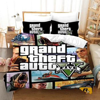 Spēle GTA V Gultas Komplekts Karikatūra Sega Sedz Spilvendrāna Grand Theft Auto 5 Mierinātājs, Gultasveļas Komplekti Gultas Veļa Gultasveļa(Bez Tenta)