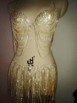 Spīdēt Zelta Vizuļi Pušķis Bikini Kostīmu Naktsklubs divdaļīga Ķēdes Apģērbs Puses Kostīmu Rhinestones Krūšturis, Īsa Peldkostīmi