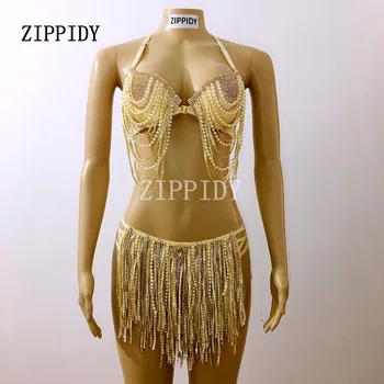 Spīdēt Zelta Vizuļi Pušķis Bikini Kostīmu Naktsklubs divdaļīga Ķēdes Apģērbs Puses Kostīmu Rhinestones Krūšturis, Īsa Peldkostīmi