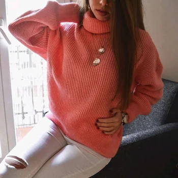 Stilīgs Salds Sievietēm Zaudēt augstu uzrullētu apkakli Džemperis Modes Lielajam Trikotāža Meitenēm Outwear Gadījuma Sieviešu Džemperi