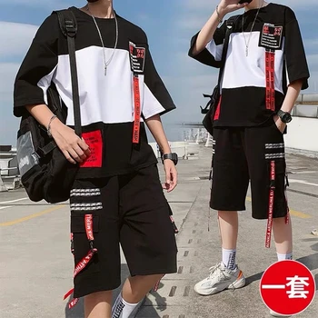 Streetwear 2pcs set vīriešiem Īsām piedurknēm Šorti divdaļīgs Kostīms Vīriešu Vasaras Students Jauniešu Hip Hop Sporta Stila Visus atbilstošos