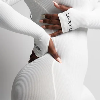 Streetwear Balts Adīts Sexy Bodycon Laimīgs Etiķetes Jumpsuit Sievietes Kopumā Ir 2021. Garām Piedurknēm Izdilis Kombinezonus Sieviešu Jumpsuit Sieviete