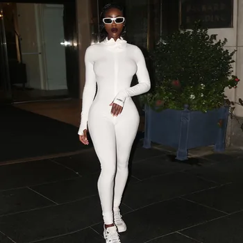 Streetwear Balts Adīts Sexy Bodycon Laimīgs Etiķetes Jumpsuit Sievietes Kopumā Ir 2021. Garām Piedurknēm Izdilis Kombinezonus Sieviešu Jumpsuit Sieviete