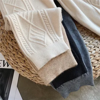 Streetwear Rudens Bieza elsas sieviešu bikses 2020 Rudens ziemas augsto vidukli, zaudēt aukliņu, elastīgas vidukļa vērpjot redīsi vilnas bikses