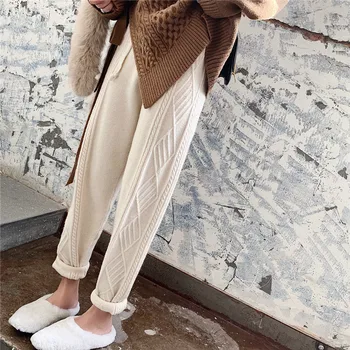 Streetwear Rudens Bieza elsas sieviešu bikses 2020 Rudens ziemas augsto vidukli, zaudēt aukliņu, elastīgas vidukļa vērpjot redīsi vilnas bikses