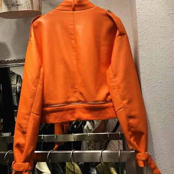 Streetwear Rudens Jaunas Šiks Lielas kabatas Īsu Apelsīnu Noņemams hem Rāvējslēdzēju Līmēšana Mākslīgās PU Ādas jaka Sievietēm Motociklu jaka