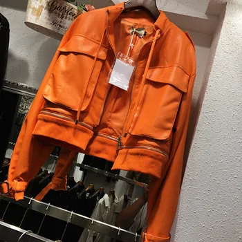 Streetwear Rudens Jaunas Šiks Lielas kabatas Īsu Apelsīnu Noņemams hem Rāvējslēdzēju Līmēšana Mākslīgās PU Ādas jaka Sievietēm Motociklu jaka
