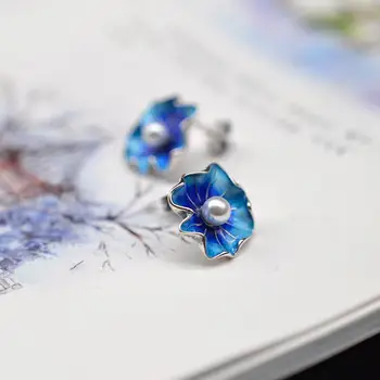 Sudraba inkrustēts dabas Dienvidu Jūras pērle burnt blue cloisonne lotus leaf auskari Ķīnas retro elegantu šarmu sieviešu zīmola rotaslietas