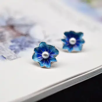Sudraba inkrustēts dabas Dienvidu Jūras pērle burnt blue cloisonne lotus leaf auskari Ķīnas retro elegantu šarmu sieviešu zīmola rotaslietas