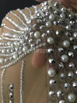 Sudraba Rhinestones Pērles Bārkstis, Caurspīdīga Kleita Bārs, Dzimšanas Dienu Svinēt Kleita Ar Augstu Apkakli, Apģērbs Sieviešu Deju Kleita