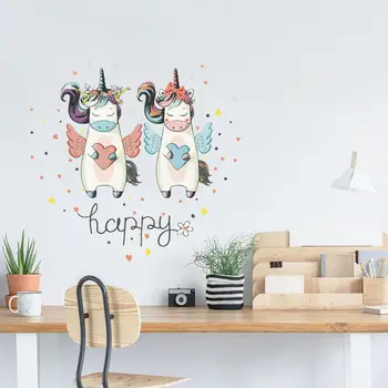 Super Cute Unicorn Uzlīmes Bērnu Istabas Interjeru Laimīgu Mīlestību Sirdīs, Bērnu, Guļamistabas Sienas Uzlīmes Murals diy Dvīņu Vienradži Pegatinas QZ135