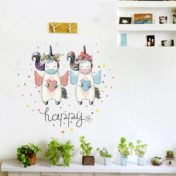 Super Cute Unicorn Uzlīmes Bērnu Istabas Interjeru Laimīgu Mīlestību Sirdīs, Bērnu, Guļamistabas Sienas Uzlīmes Murals diy Dvīņu Vienradži Pegatinas QZ135