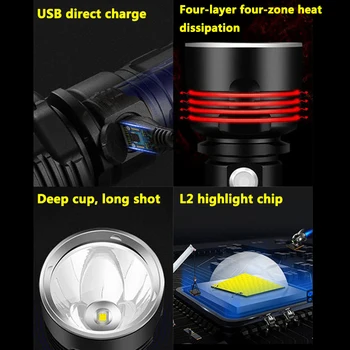 Super Jaudīgu XHP70 LED Lukturīti XM-L2 Āra LightingTactical Lāpu USB Lādējamu Ūdensizturīgs Lampas Ultra Spožu Laternu