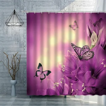 Svaigi Ziedi Butterfly Dušas Aizkars Purpura Ziedu Saulespuķu Rožu Zaļo Augu Ainavu Ūdensizturīgs Vannas Aizkari
