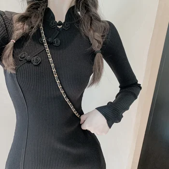 Sveiki Meitenes Jauno Black cheongsam Dizainera Kleita Pavasara garām Piedurknēm Vintage Šķeltas Adītas Kleitas Slim Bodycon Gothic Sexy Kleita Vestidos