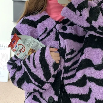 Svešzemju Kitty Long Piedurknēm Violeta Zaudēt Sieviešu Jaka Pūkains Ziemas Sabiezējumu Zebra Modelis Sieviešu Mētelis Saglabāt Siltu Topi