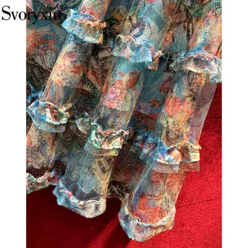 Svoryxiu Vasaras Dizaineru Puses Krāsains Mežģīņu Kleitas, Sieviešu Īsām Piedurknēm Vizuļi Izšuvumi Daudzpakāpju Ruffles Vintage Midi Kleita