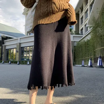 Svārki Sievietēm-Line Vidum teļš korejiešu Stilā Šiks Atpūtas Trikotāžas Cietā Elegants Vintage Augstas Kvalitātes Sieviešu Dienas Ziemas Streetwear