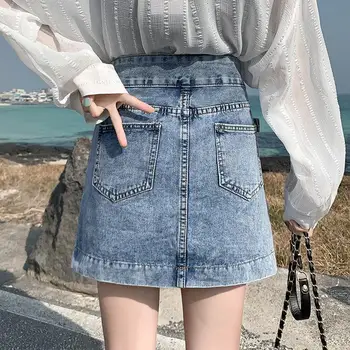 Svārki Sieviešu Džinsa Plus Lieluma Cietu Pogas, Kas Vienkārši Korejiešu Stilā Harajuku Retro Pakete Hip Slim Elegants Streetwear Sieviešu Brīvā Laika