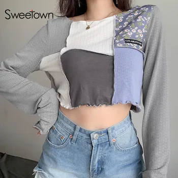 Sweetown Raibs Garām Piedurknēm Ikdienas Krekls Sievietēm Korejas Modes Stila O-Veida Kakla Zaudēt Kultūru Top Krekls 