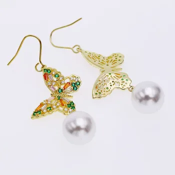 SWOUR Jaunu Modes Rotaslietas, Zelta Krāsā CZ Krāsains Crystal Butterfly Dizaina Pērle Ilgi Vilināt Auskari Sievietēm S380
