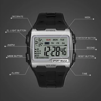 SYNOKE Sporta Vīrieši, Digitālo Pulksteņu Gadījuma Lielu Skalu Ūdensizturīgs Modinātājs Stop Chronograph Watch LED Displejs Relogio Masculino
