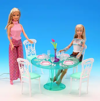 Sākotnējā barbie pusdienu galda princese mēbeles, virtuves piederumi 1/6 bjd lelles restorānvagonos tabulu krēslu miniatūras