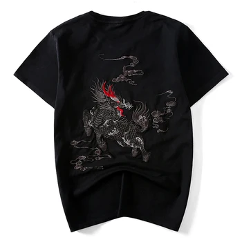 T Krekls Vīriešiem Embroiderey Kokvilnas T Krekls Vīriešiem ar Īsām Piedurknēm Ķīniešu Pūķis Modes Jauniešu Pāris, T Krekli, Streetwear Liela Izmēra 5XL