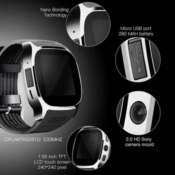 T8 1.54 collu skārienjutīgais Ekrāns, Bluetooth Smart Watch Atbalsta SIM Karte, 2.0 MP Kamera Miega Monitors Atbildēt uz Zvanu Pedometrs rokas Pulkstenis