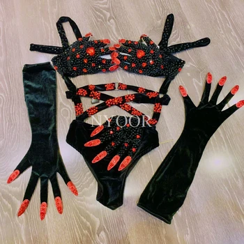 Talons Cimdu Samta Rhinestone Pārsējs Bodysuit Halloween Cosplay Drēbes Sexy Naktsklubs Posmā Valkā, Bārs Dziedātājs Deju Kostīms