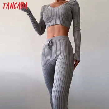 Tangada ir 2021. Sieviešu Tracksuit Komplekti Sexy Adīt Kultūru Džemperis un Bikses 2 Gabali Komplekti Big Strethy LK02