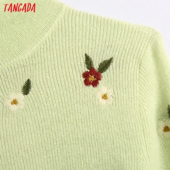 Tangada korejas elegantas sievietes izšuvumi augstu uzrullētu apkakli džemperis vintage dāmas īsās stilā salds trikotāžas džemperis topi BE109