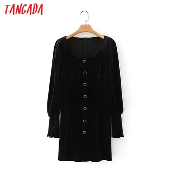 Tangada Modes Sieviešu Melna Samta Kleita Puff garām Piedurknēm Dāmas Vintage Mini Kleita Vestidos 5X02