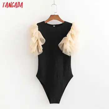 Tangada sievietes sexy acs ruffles piedurknēm melnā bodysuit liels stretchy eiropas modes cietā krekls playsuit 1D208