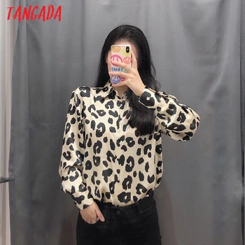 Tangada Sieviešu Leopards Drukāt Krekls ar garām Piedurknēm Vintage 