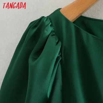 Tangada Sieviešu Zaļās Satīna Elegants Puse Kleita ar garām Piedurknēm Atpakaļ Rāvējslēdzēju Sieviešu Midi Kleitas Vestidos 2XN21